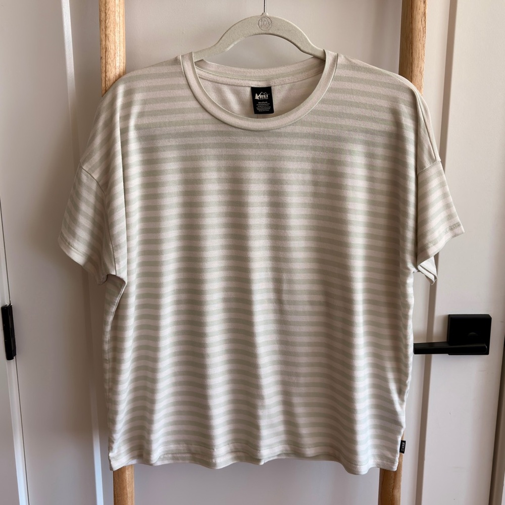 REI Women's Beyonder Green and Cream Striped T-Shirt, Medium